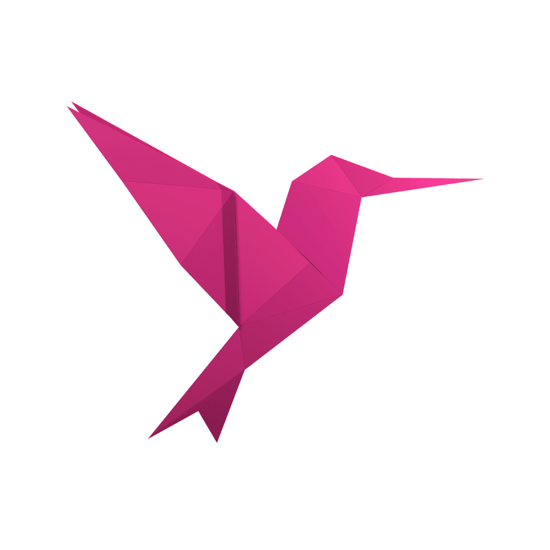 The magenta origami hummingbird unfolding into flight